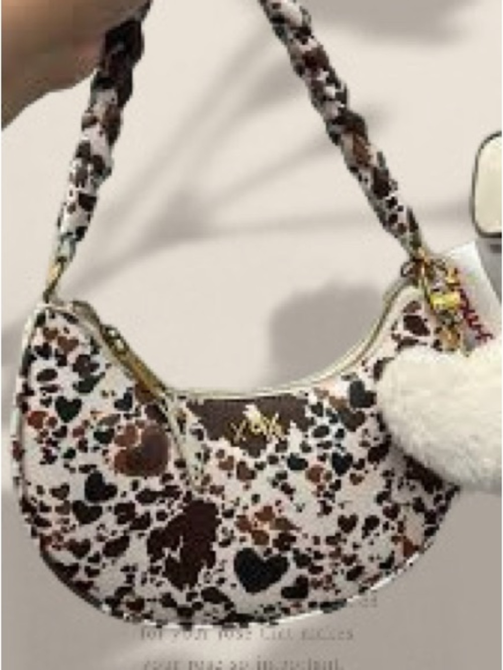Betsey Johnson White and Brown Heart Print Shoulder Bag